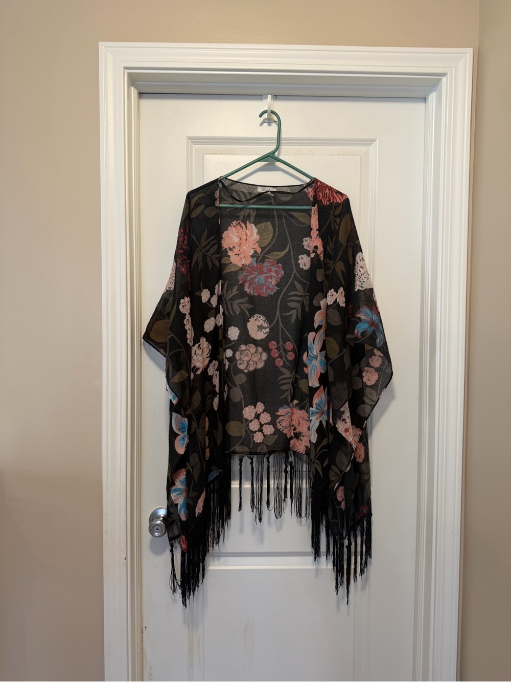 Mudd Black Floral Fringe Kimono with Pink & Blue Blooms